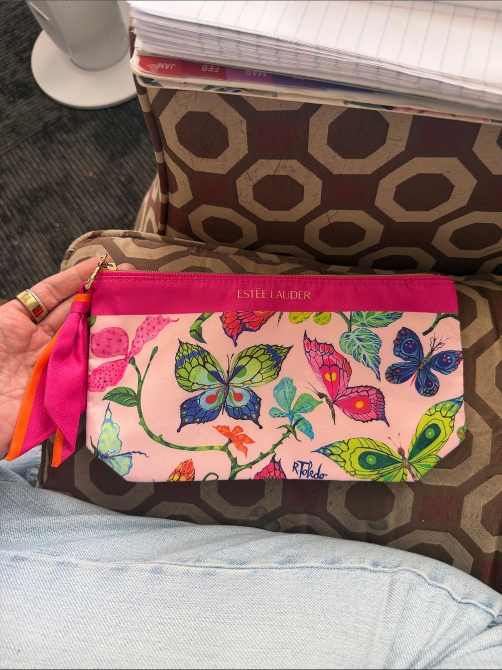 Estee Lauder Pink Butterfly Print Makeup Pouch with Fuchsia Trim